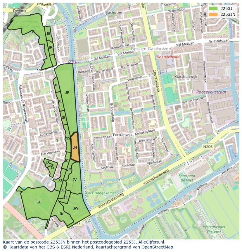 Afbeelding van het postcodegebied 2253 JN op de kaart.