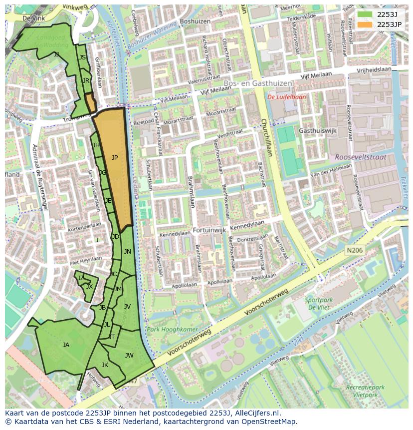 Afbeelding van het postcodegebied 2253 JP op de kaart.