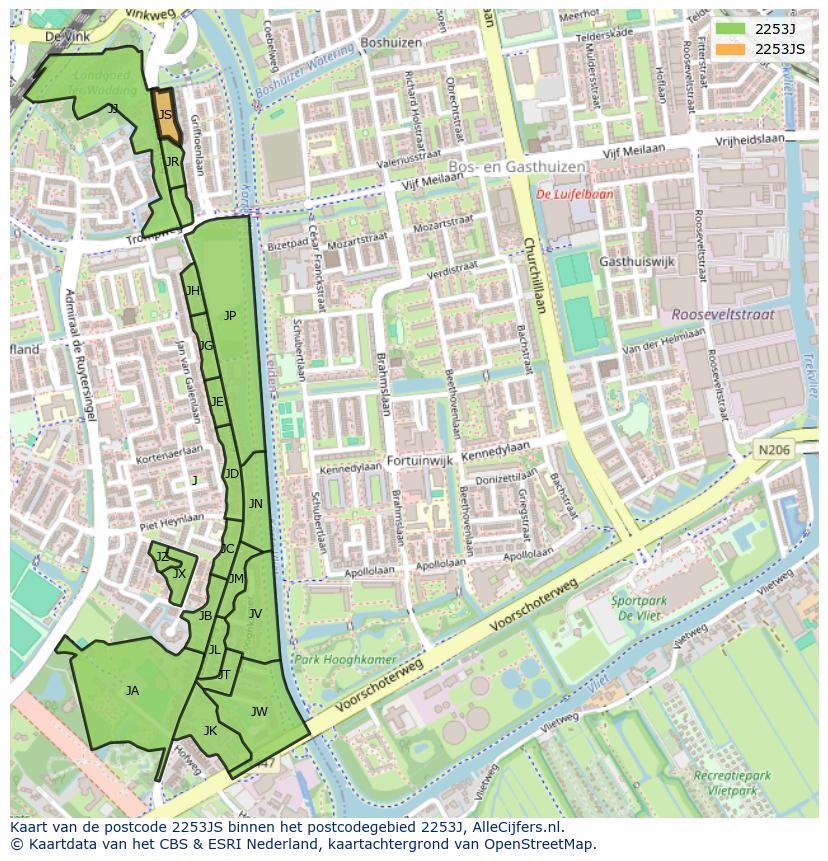 Afbeelding van het postcodegebied 2253 JS op de kaart.