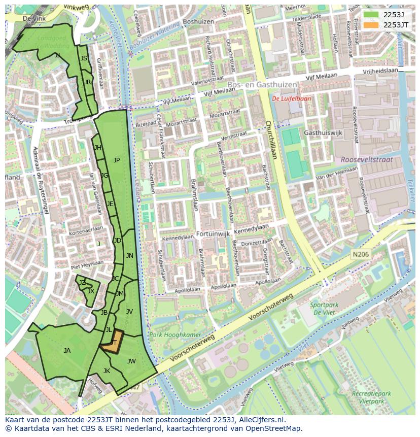Afbeelding van het postcodegebied 2253 JT op de kaart.
