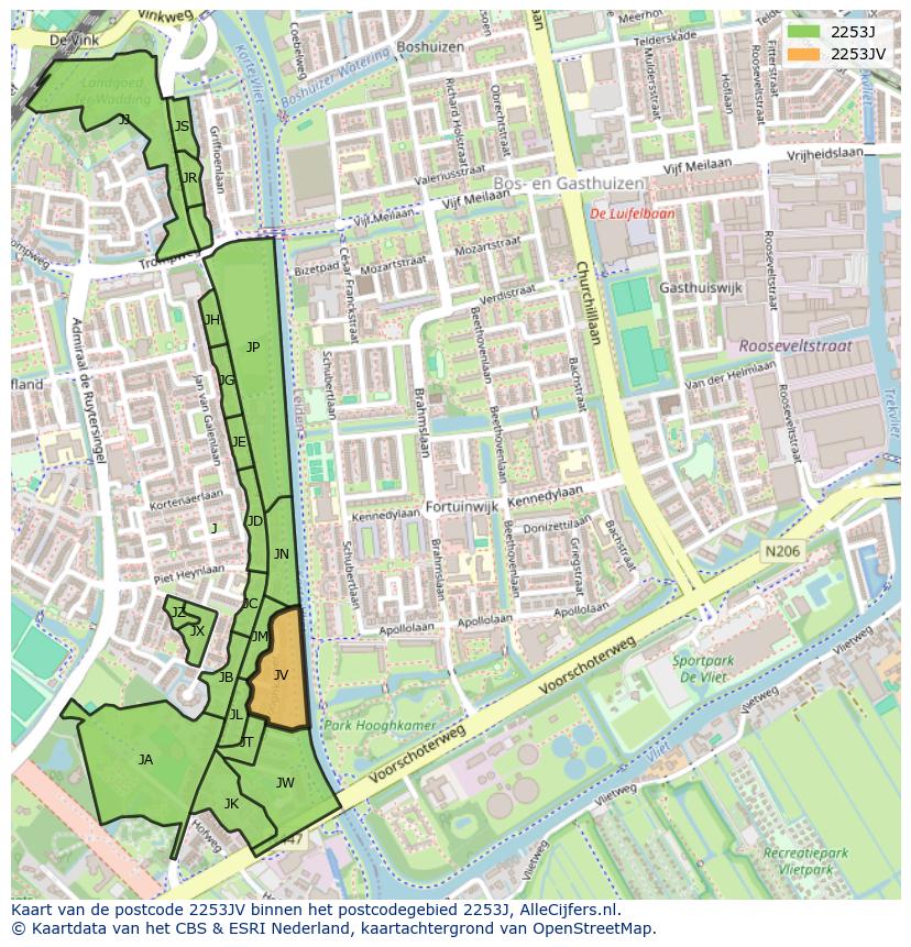 Afbeelding van het postcodegebied 2253 JV op de kaart.