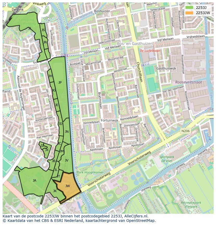 Afbeelding van het postcodegebied 2253 JW op de kaart.