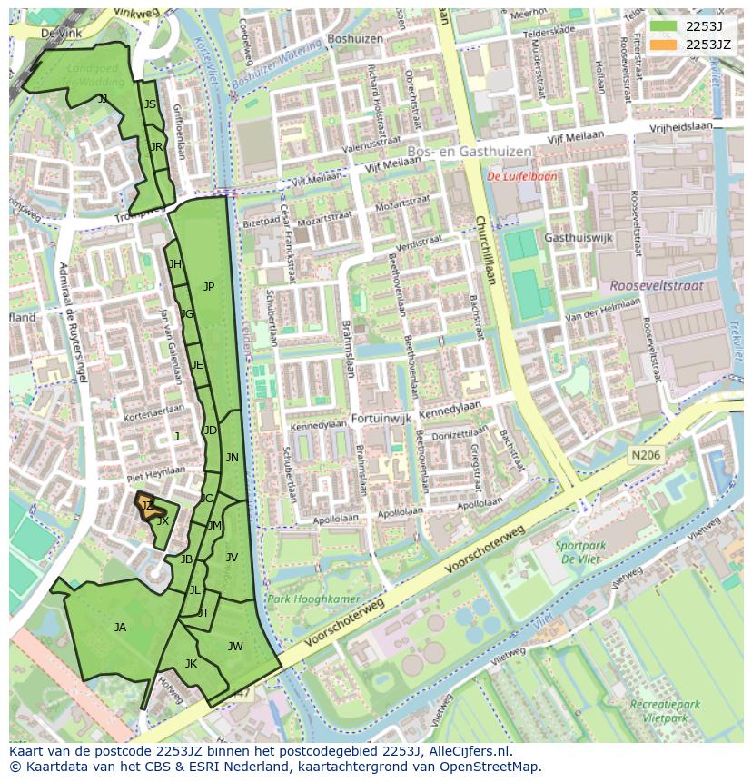 Afbeelding van het postcodegebied 2253 JZ op de kaart.