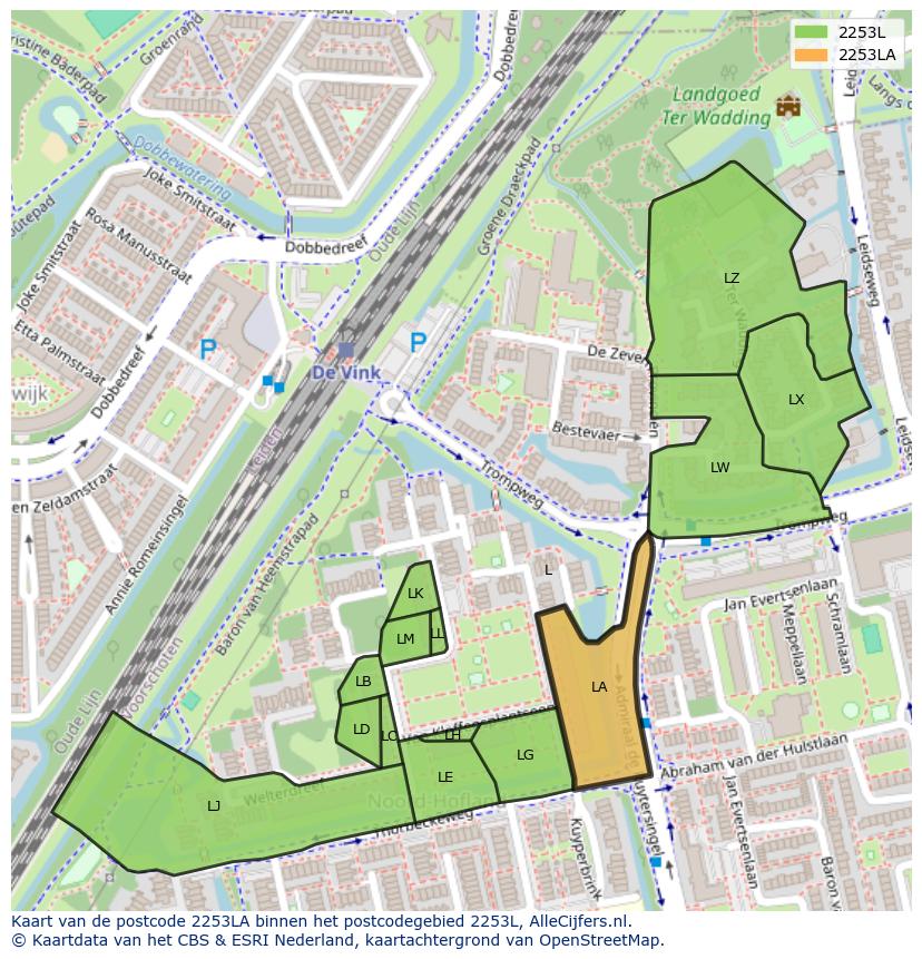 Afbeelding van het postcodegebied 2253 LA op de kaart.