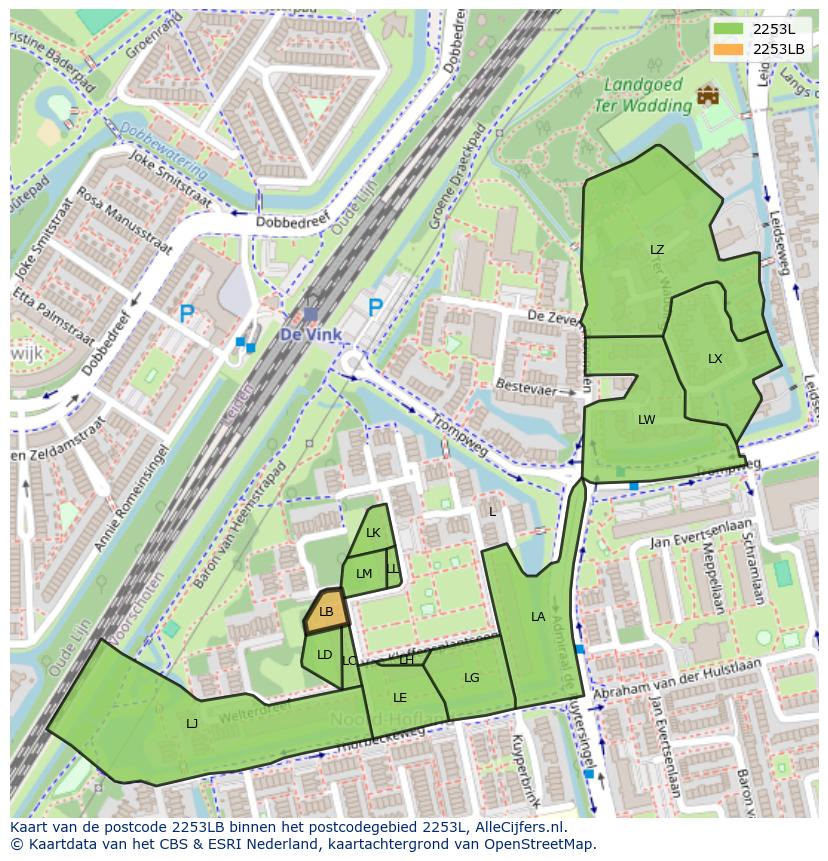 Afbeelding van het postcodegebied 2253 LB op de kaart.