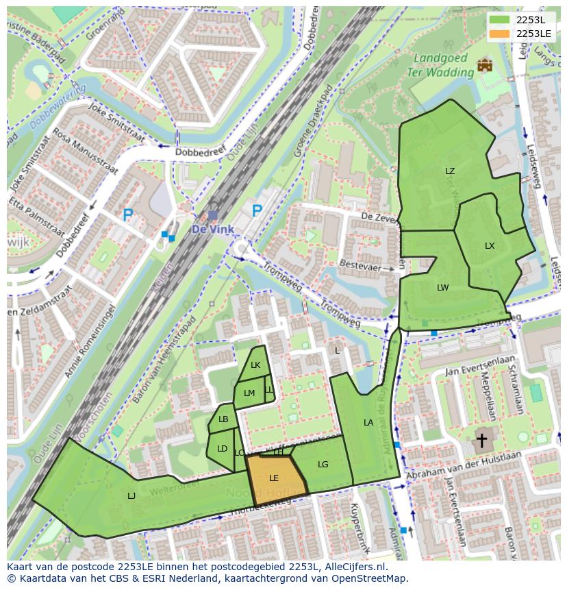 Afbeelding van het postcodegebied 2253 LE op de kaart.