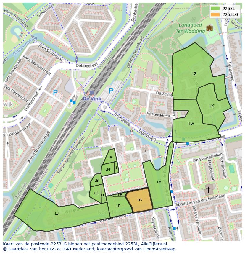 Afbeelding van het postcodegebied 2253 LG op de kaart.