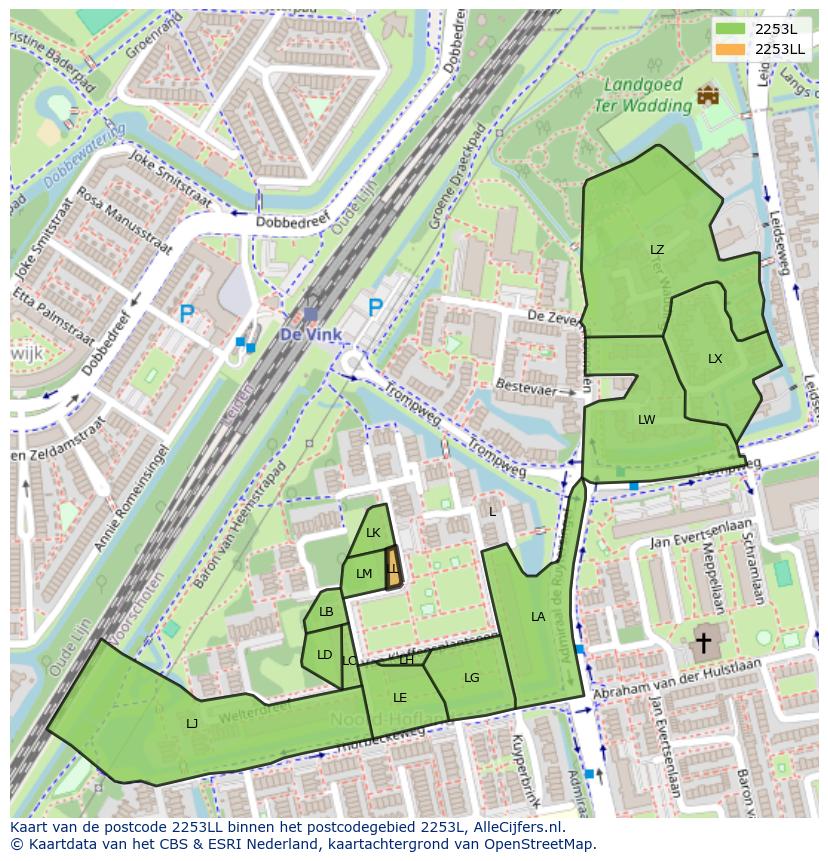 Afbeelding van het postcodegebied 2253 LL op de kaart.