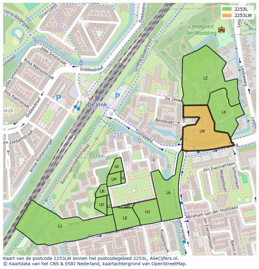 Afbeelding van het postcodegebied 2253 LW op de kaart.