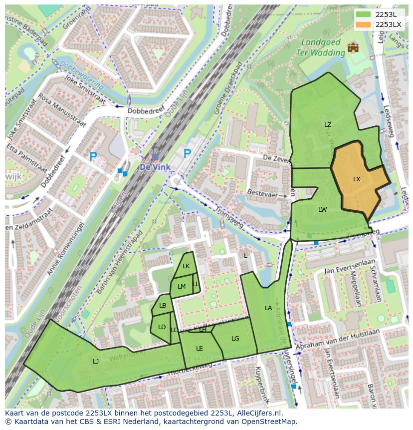 Afbeelding van het postcodegebied 2253 LX op de kaart.