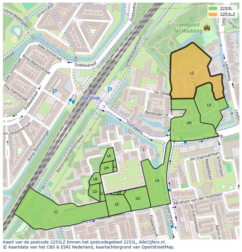 Afbeelding van het postcodegebied 2253 LZ op de kaart.