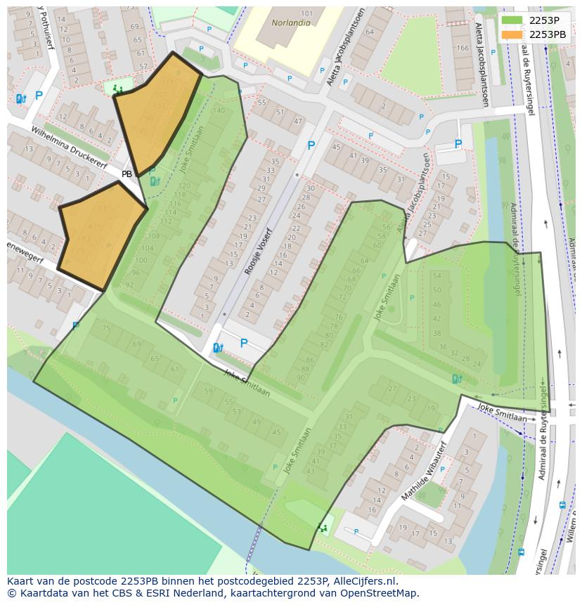 Afbeelding van het postcodegebied 2253 PB op de kaart.