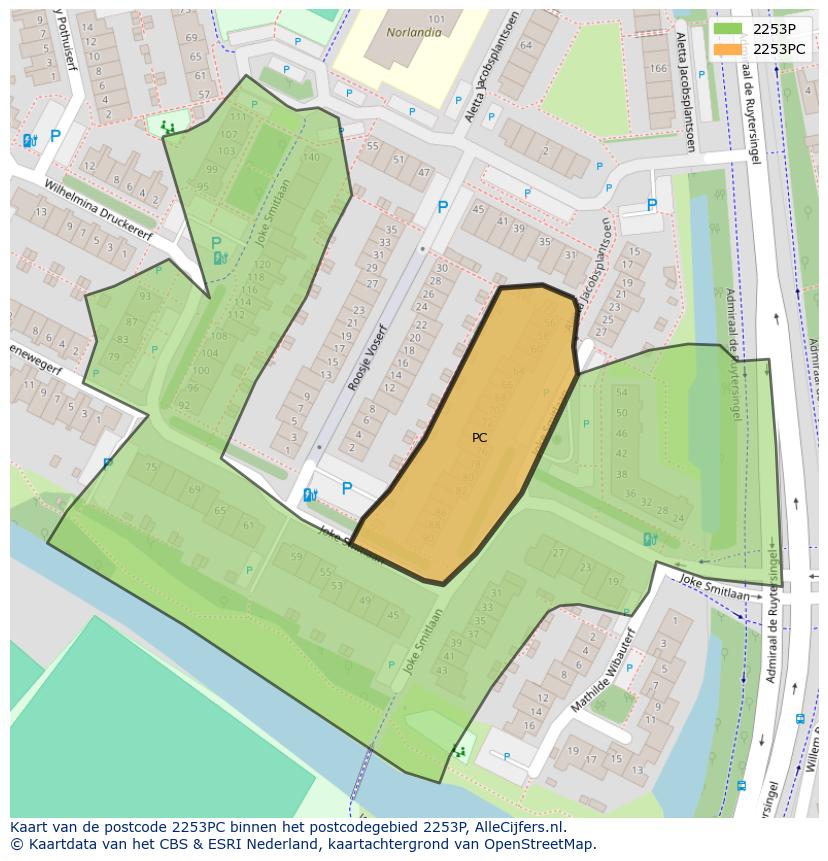 Afbeelding van het postcodegebied 2253 PC op de kaart.
