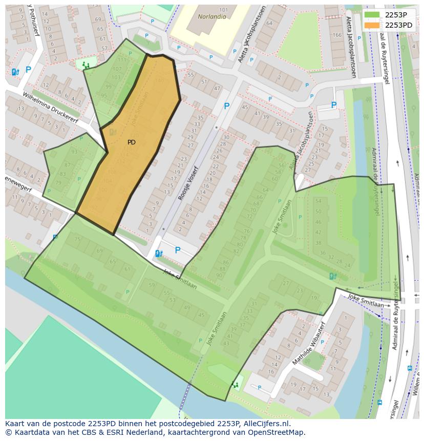 Afbeelding van het postcodegebied 2253 PD op de kaart.