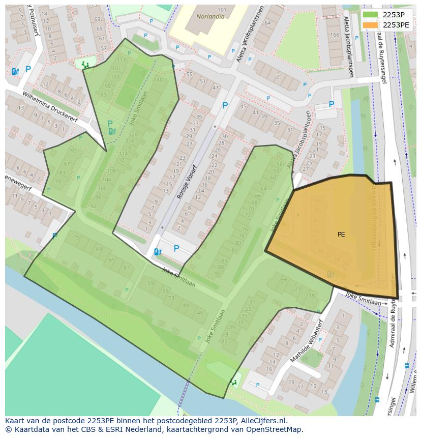 Afbeelding van het postcodegebied 2253 PE op de kaart.