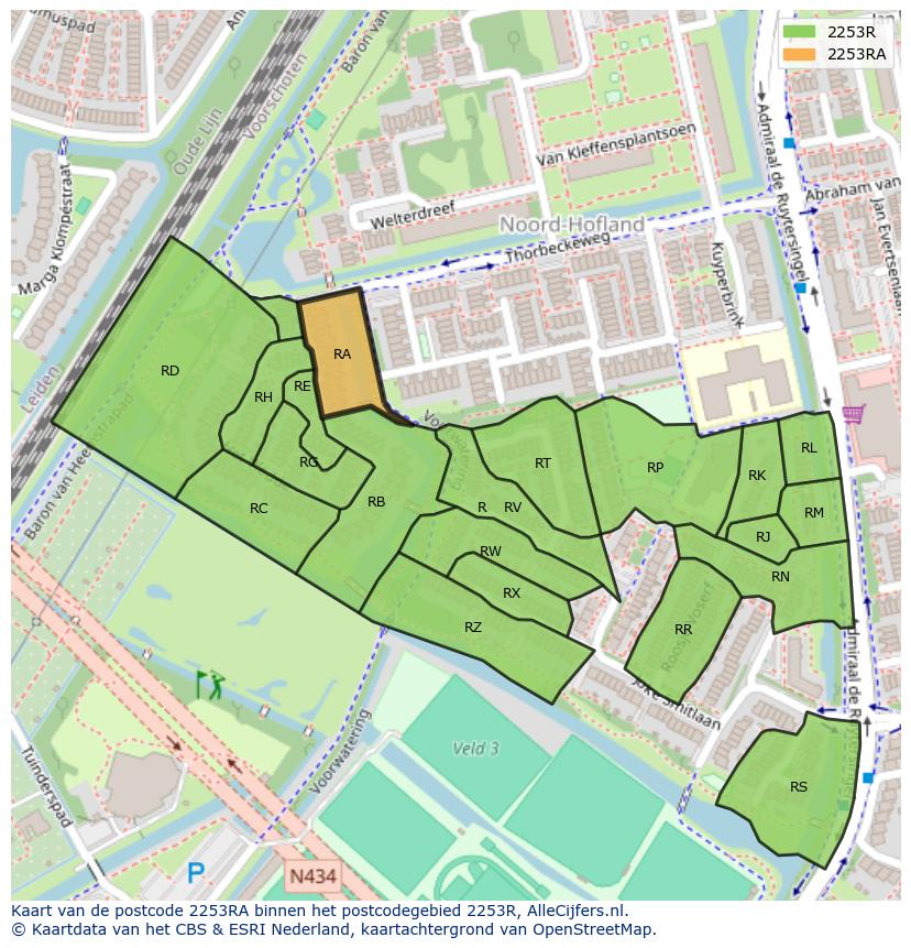Afbeelding van het postcodegebied 2253 RA op de kaart.