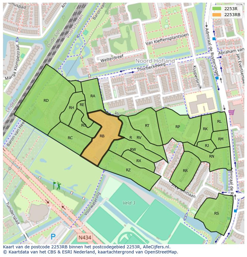 Afbeelding van het postcodegebied 2253 RB op de kaart.