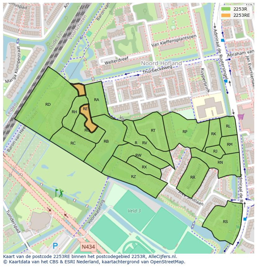 Afbeelding van het postcodegebied 2253 RE op de kaart.