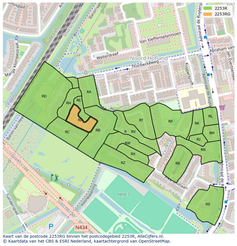 Afbeelding van het postcodegebied 2253 RG op de kaart.