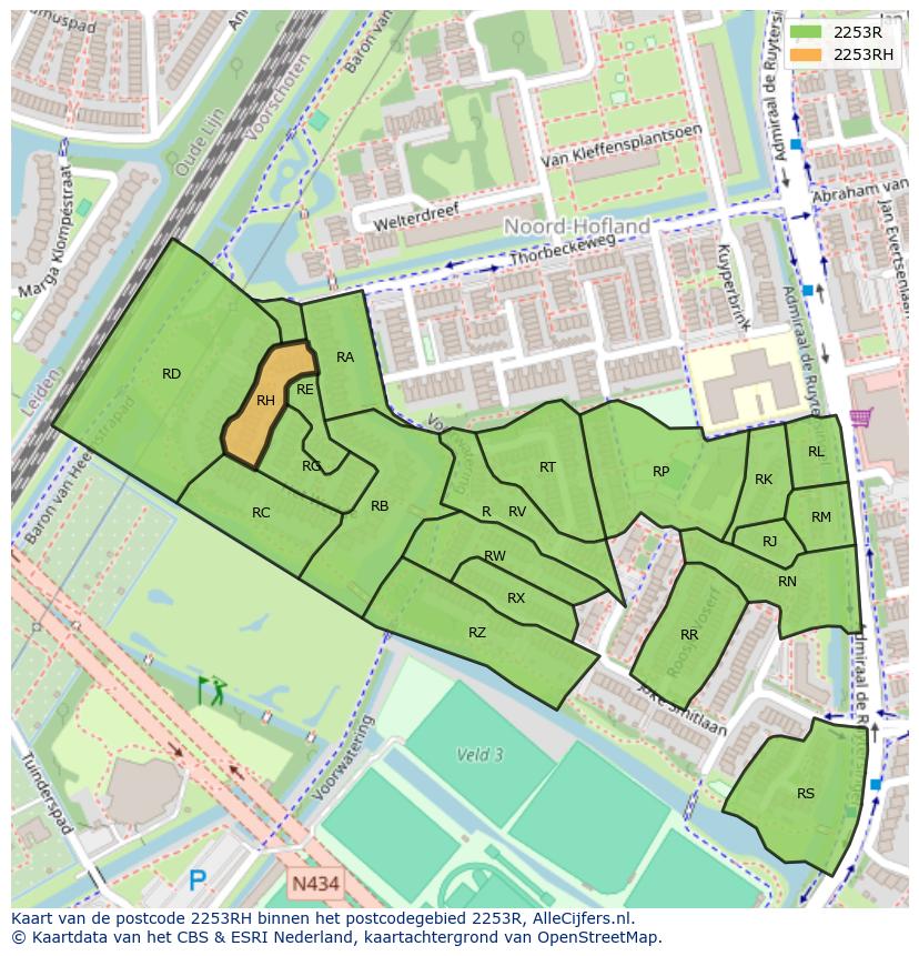 Afbeelding van het postcodegebied 2253 RH op de kaart.