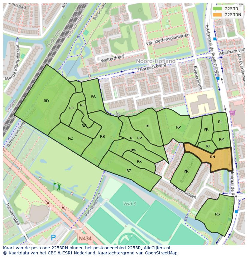 Afbeelding van het postcodegebied 2253 RN op de kaart.