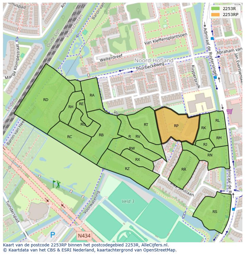 Afbeelding van het postcodegebied 2253 RP op de kaart.