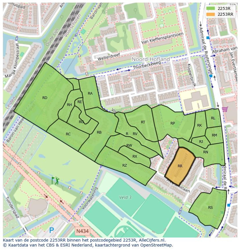 Afbeelding van het postcodegebied 2253 RR op de kaart.