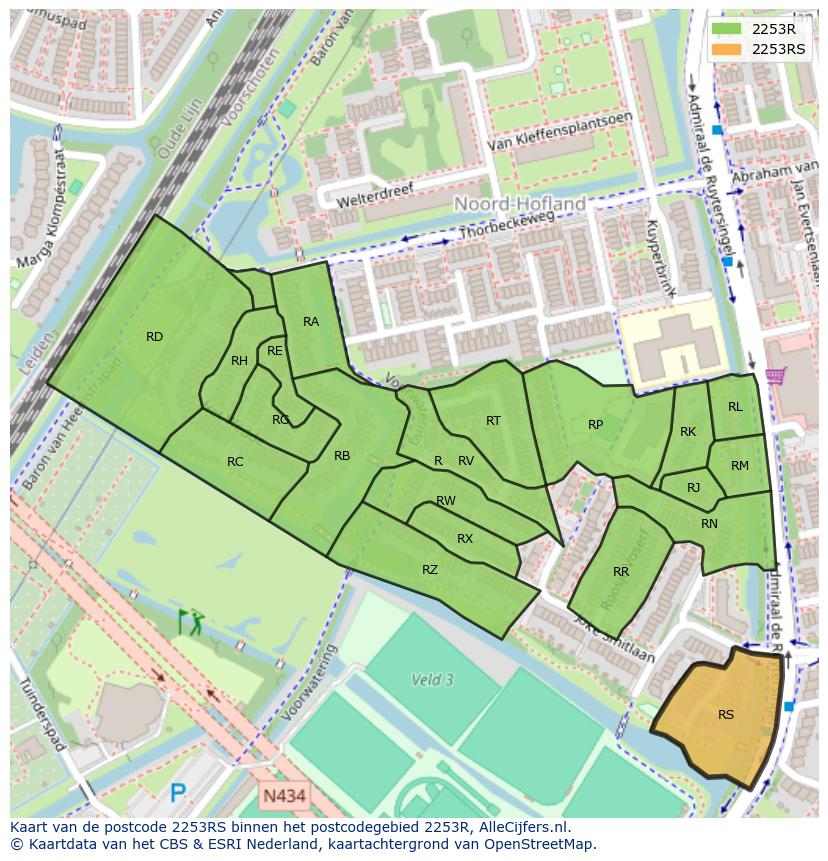 Afbeelding van het postcodegebied 2253 RS op de kaart.