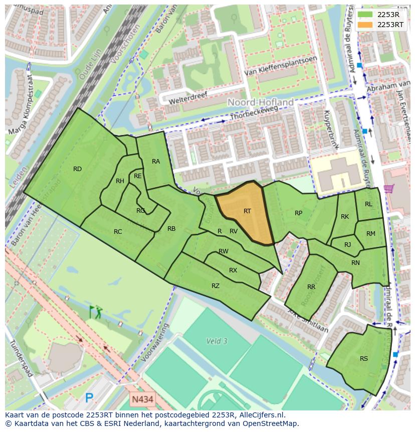 Afbeelding van het postcodegebied 2253 RT op de kaart.
