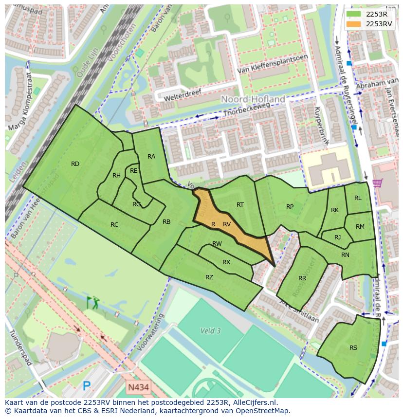 Afbeelding van het postcodegebied 2253 RV op de kaart.