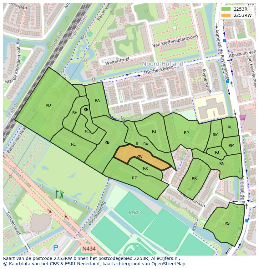 Afbeelding van het postcodegebied 2253 RW op de kaart.