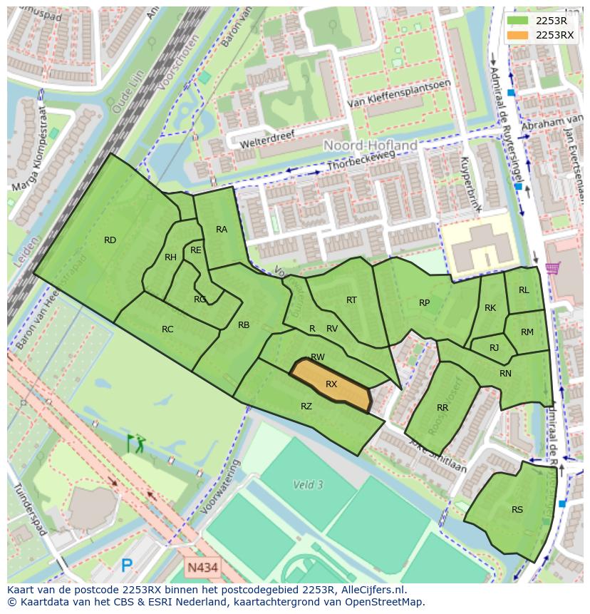 Afbeelding van het postcodegebied 2253 RX op de kaart.