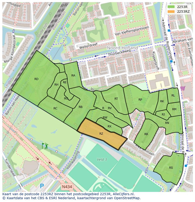 Afbeelding van het postcodegebied 2253 RZ op de kaart.