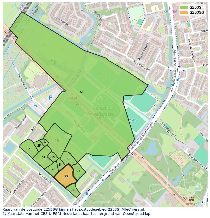 Afbeelding van het postcodegebied 2253 SG op de kaart.