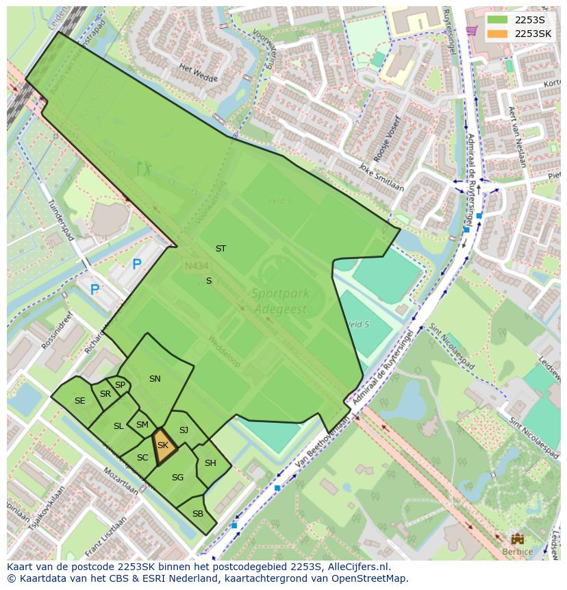 Afbeelding van het postcodegebied 2253 SK op de kaart.