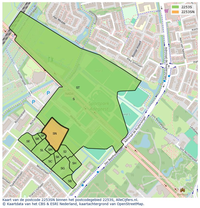 Afbeelding van het postcodegebied 2253 SN op de kaart.