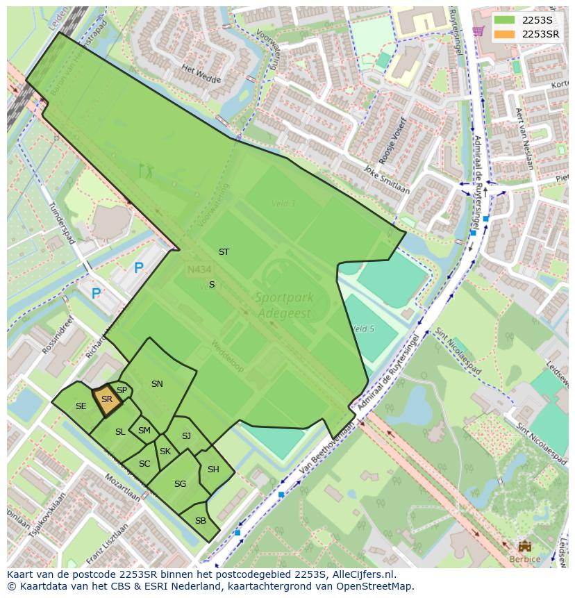 Afbeelding van het postcodegebied 2253 SR op de kaart.