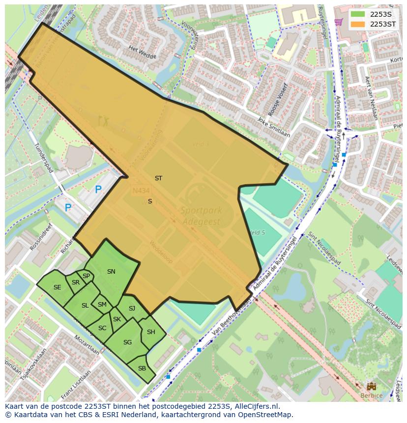 Afbeelding van het postcodegebied 2253 ST op de kaart.