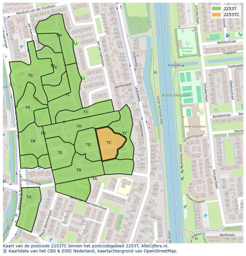 Afbeelding van het postcodegebied 2253 TC op de kaart.