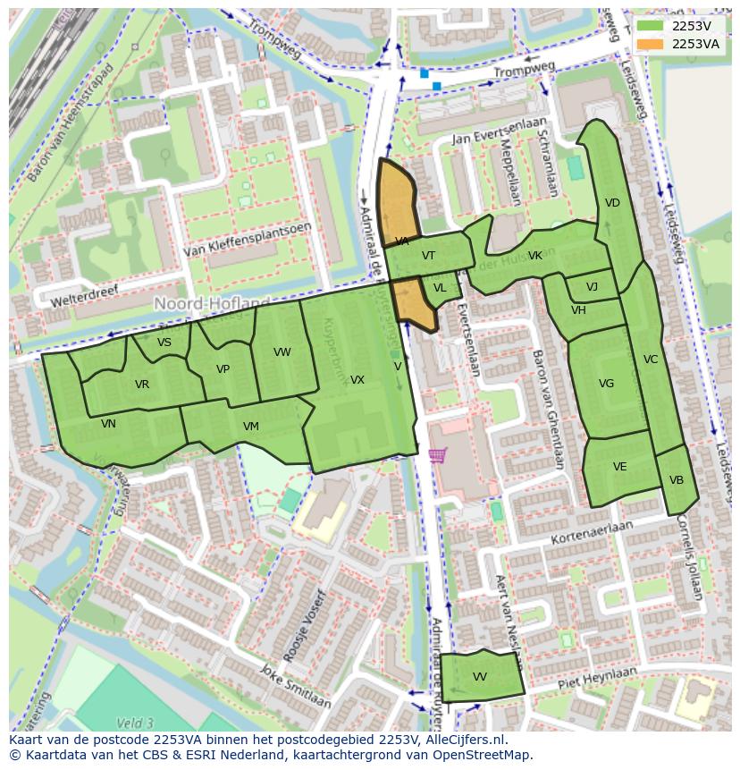 Afbeelding van het postcodegebied 2253 VA op de kaart.