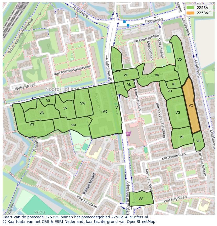 Afbeelding van het postcodegebied 2253 VC op de kaart.