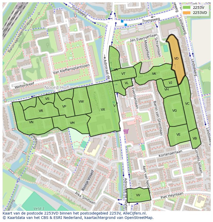 Afbeelding van het postcodegebied 2253 VD op de kaart.