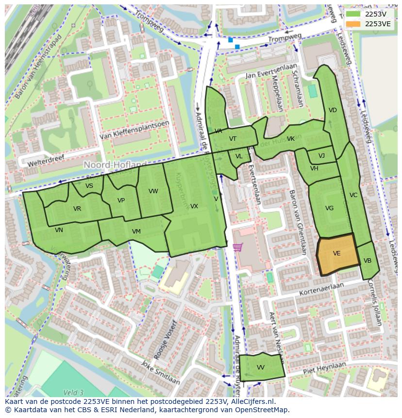 Afbeelding van het postcodegebied 2253 VE op de kaart.