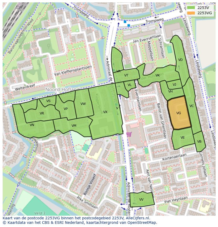 Afbeelding van het postcodegebied 2253 VG op de kaart.