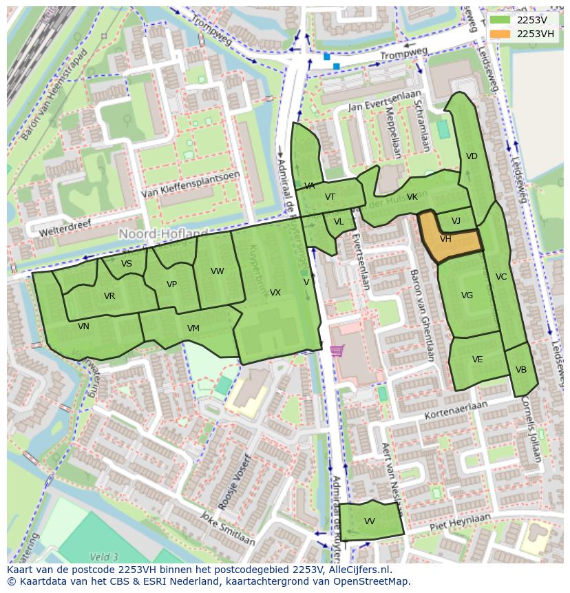 Afbeelding van het postcodegebied 2253 VH op de kaart.
