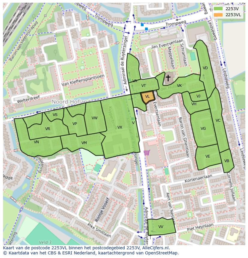 Afbeelding van het postcodegebied 2253 VL op de kaart.