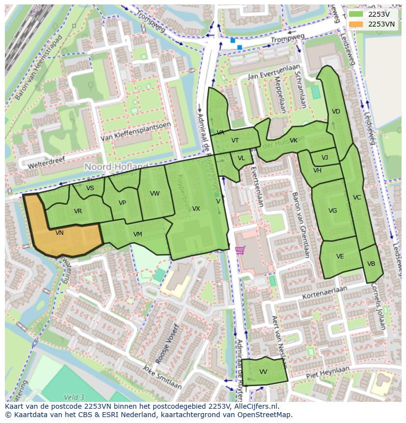 Afbeelding van het postcodegebied 2253 VN op de kaart.
