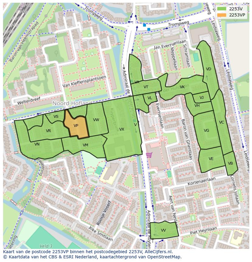 Afbeelding van het postcodegebied 2253 VP op de kaart.