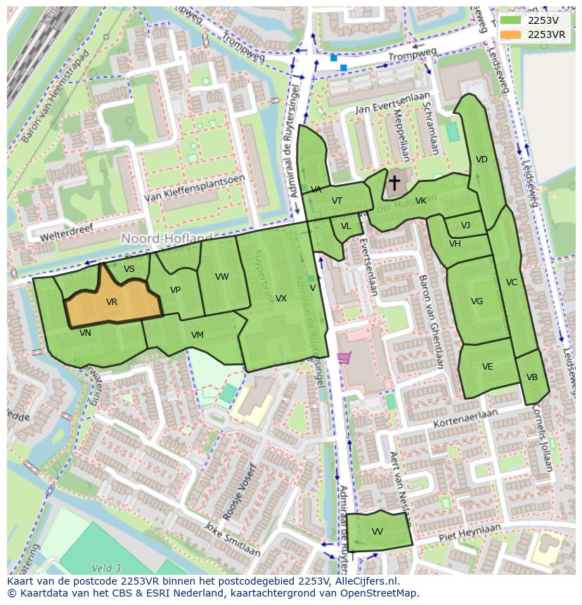 Afbeelding van het postcodegebied 2253 VR op de kaart.