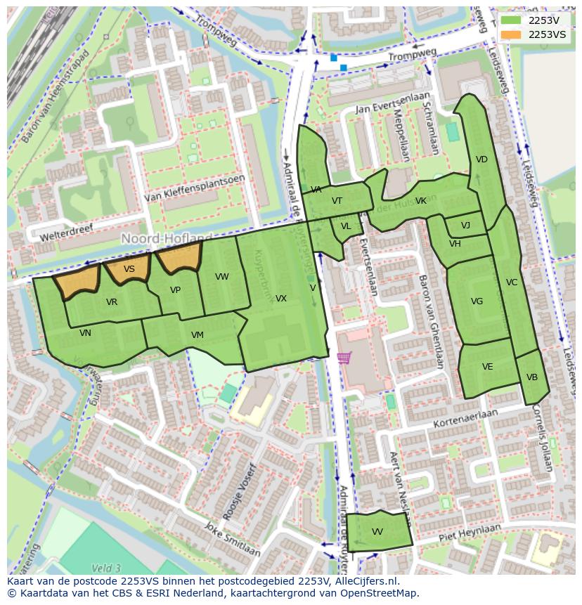 Afbeelding van het postcodegebied 2253 VS op de kaart.